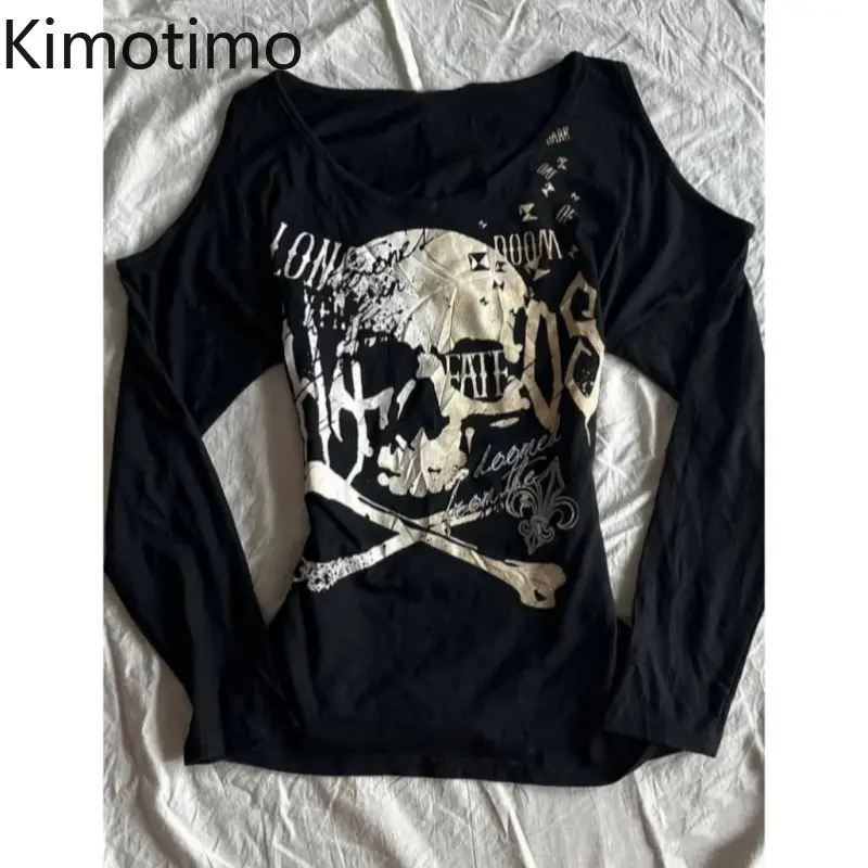 Kimotimo Black Skull Print Long Sleeved T-shirt Women Punk Vintage Slim Waist Grunge Tops Harajuku Y2k Aesthetic Hollow Out Tees
