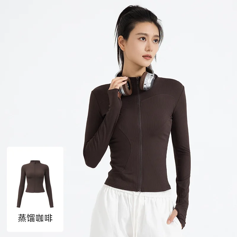 Women Zipper Striped Jacket Slim Fit Long Sleeve Fitness Running Jacket Solid Gym Yoga Tops with Thumb Hole Workout Sportswear