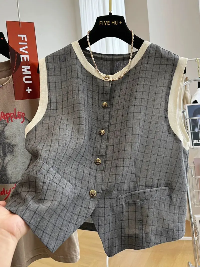 Elegant Plaid Outer Wear Vest for Women Summer Style Short-Sleeved Top