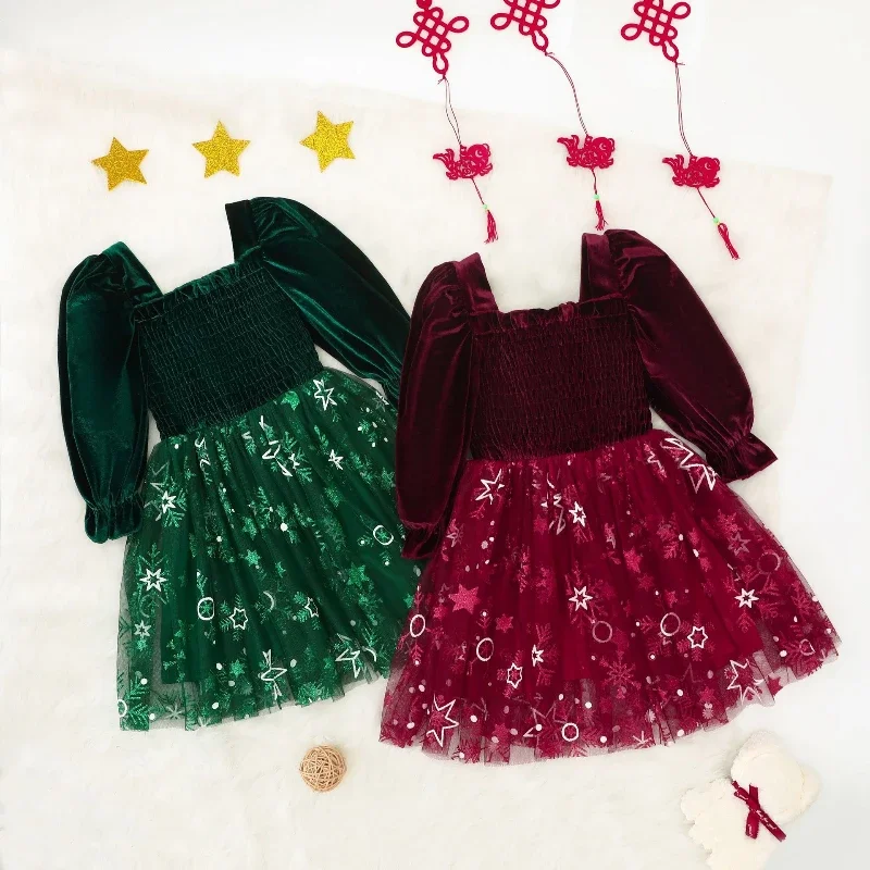 

2024 Kids Christmas Dress Children's Clothes Princess Party Autumn Top Cable Bubble Sleeve Stitching Mesh Girl Dresses Costume