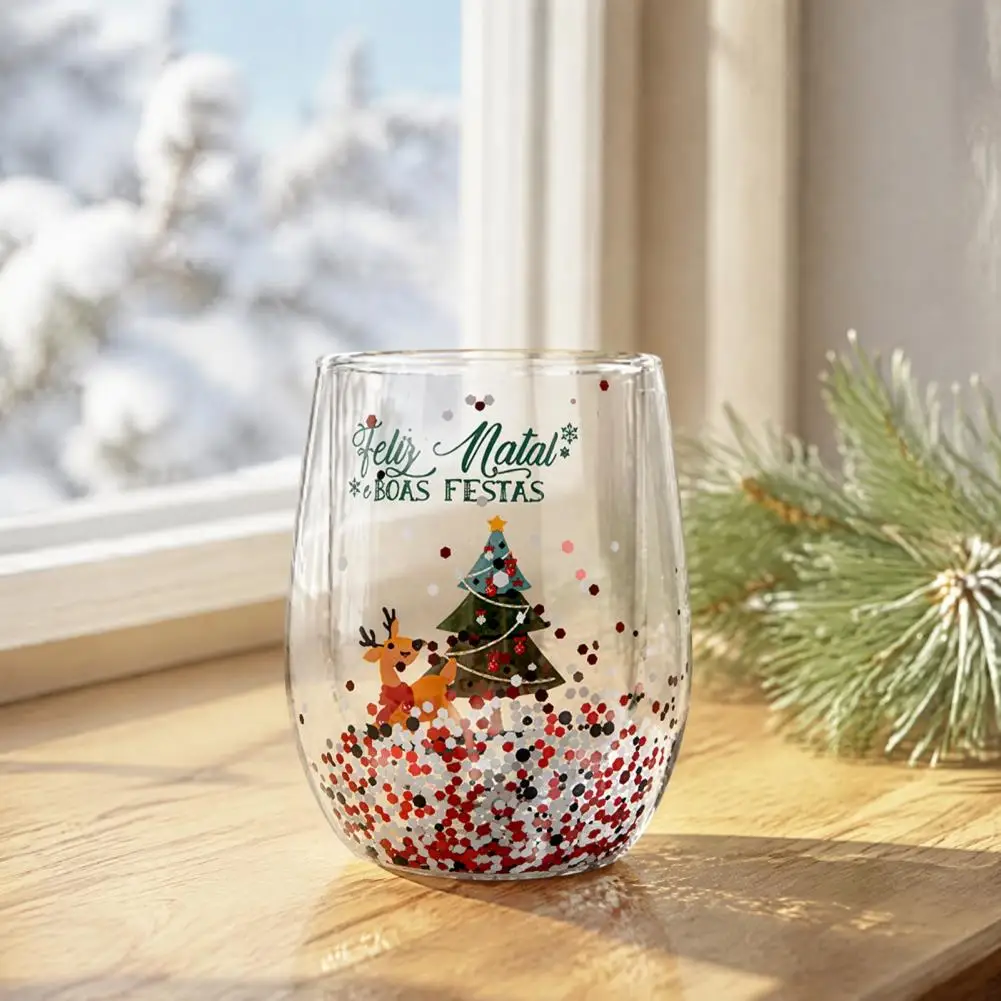 Seasonal Tabletop Drinkware Christmas Party Wine Cups Glitter Christmas Wine Glass 300ml Double Layer Tumbler Festive Holiday