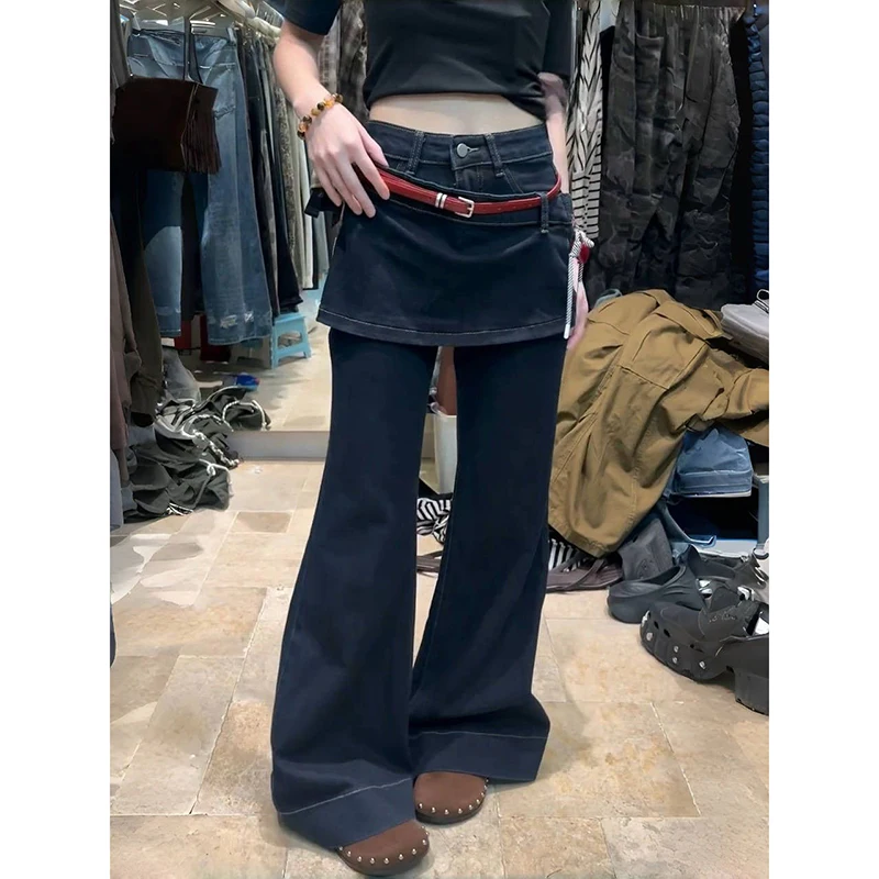 المرأة خمر وهمية قطعتين الجينز الأزرق الشارع الشهير Y2K واسعة الساق مستقيم جان عالية الخصر السراويل الرجعية مضيئة الدينيم السراويل