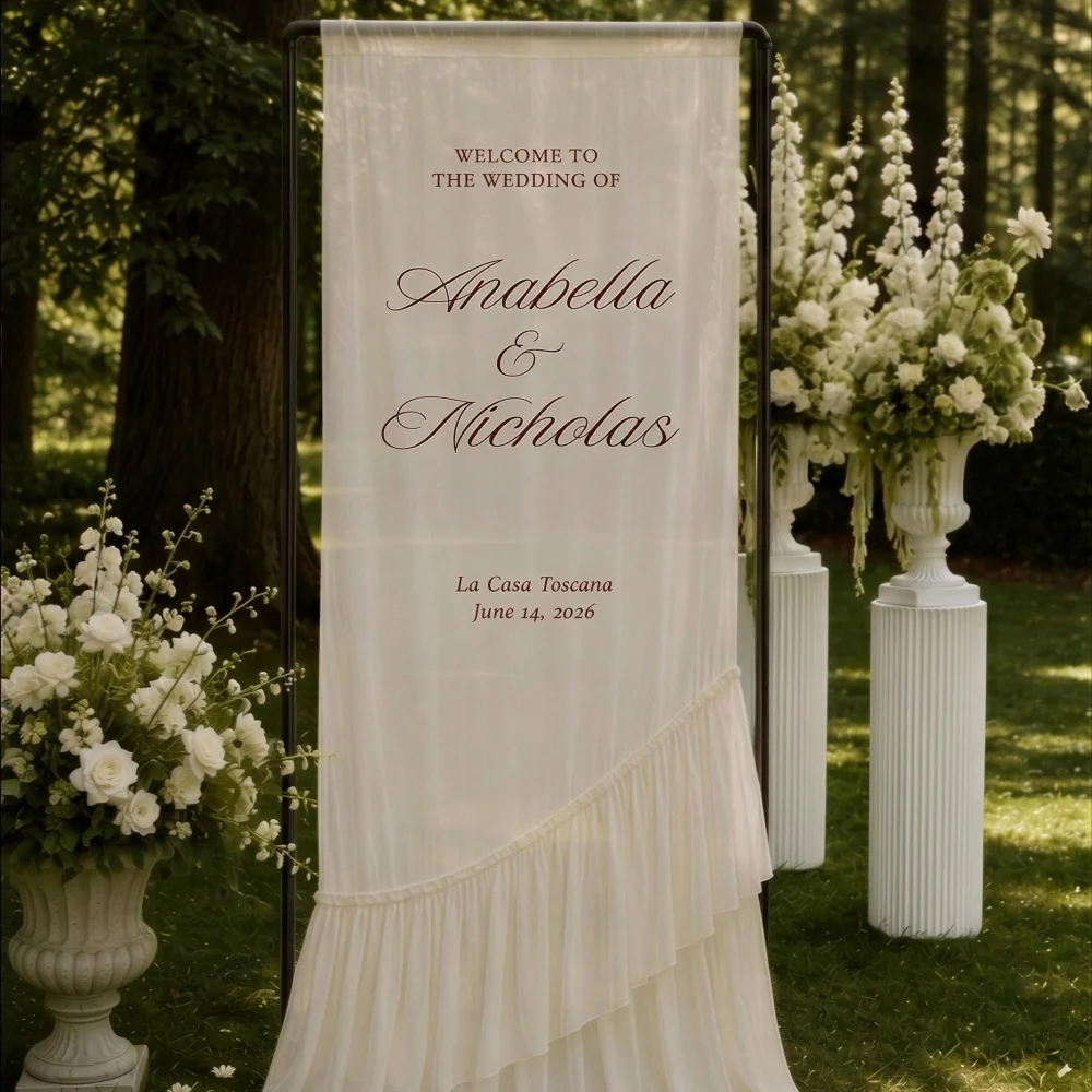 Custom Ruffled Chiffon Wedding Welcome Sign,Draped Fabric Wedding Banner,Personalized Romantic Ceremony Reception Entrance Decor image 3