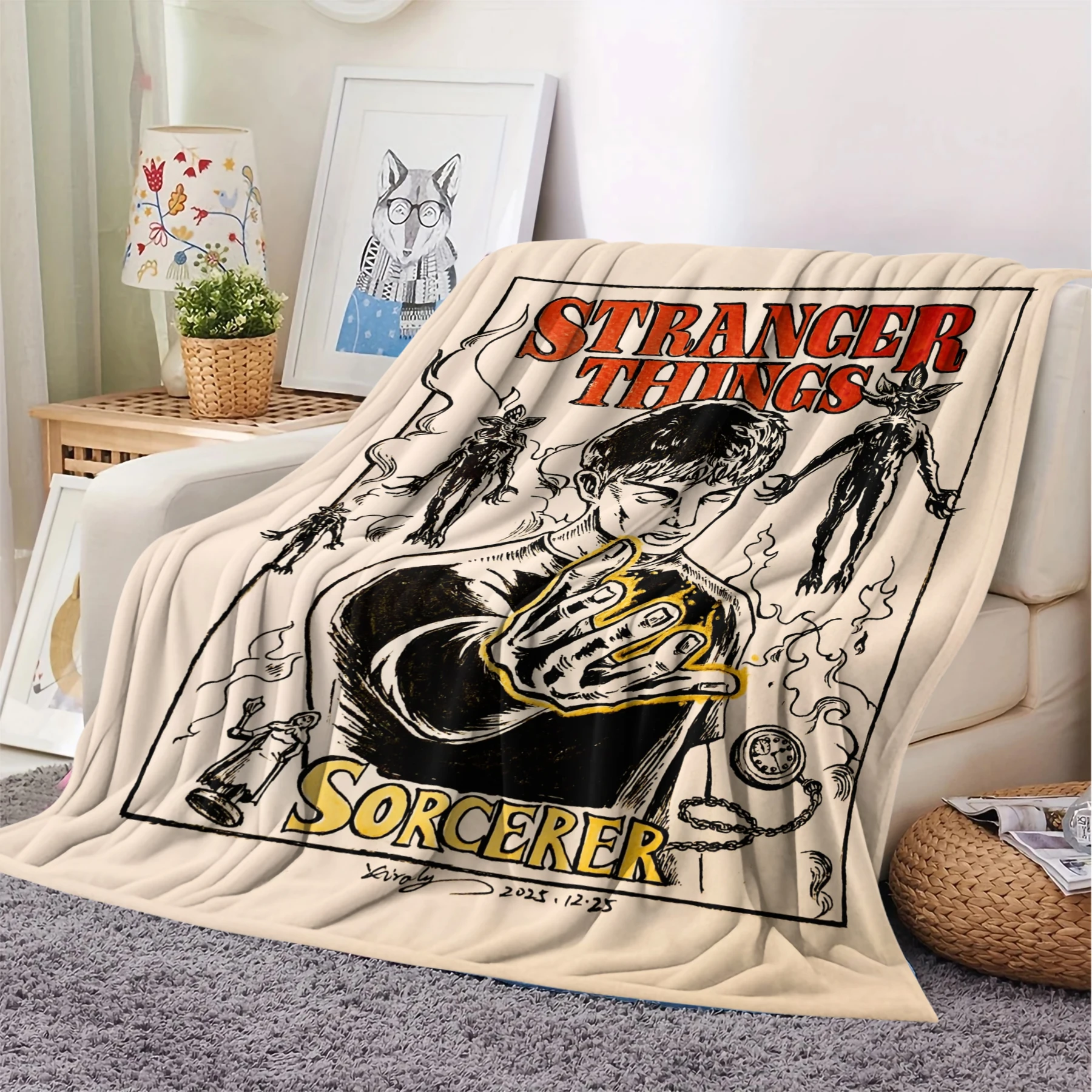 Manta de Franela con Diseño de Stranger Things en Contraste Negro-Amarillo, Decoración Cálida para Sofá o Cama, Regalo para Coleccionistas