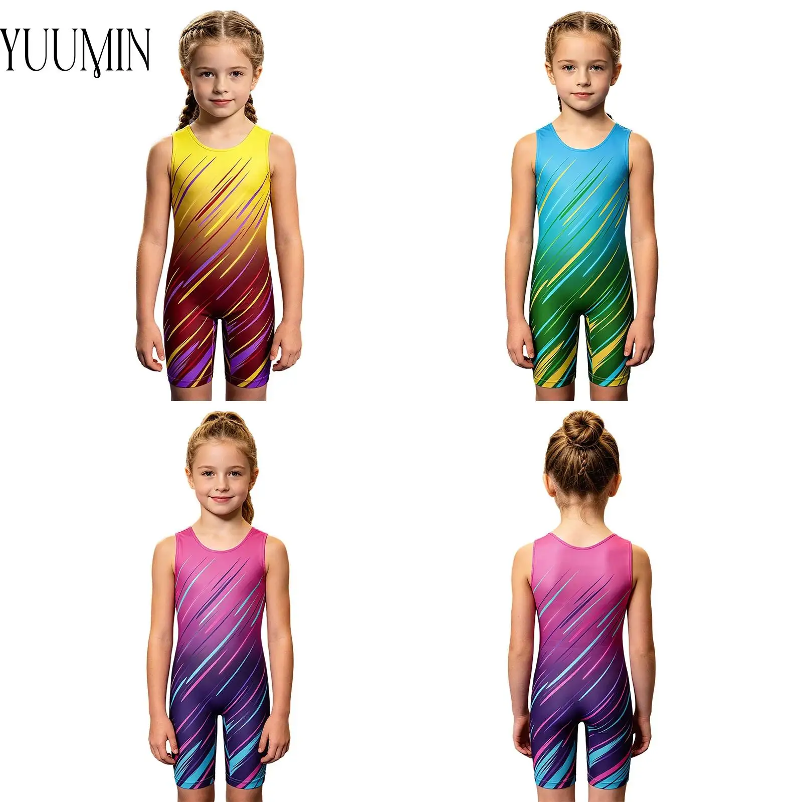 Girls Gradient Striped Wrestling Singlet Jumpsuit Round Neck Sleeveless Thigh Length Bodysuit Kids Sports Workout Leotard