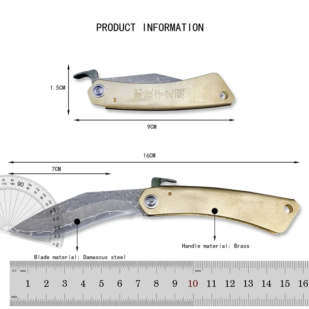 Higonokami Japanese High Quality Mini Pocket Folding Knife VG10 Damascus Steel Copper Handle Outdoor Hunting Fruit Cutting Tool