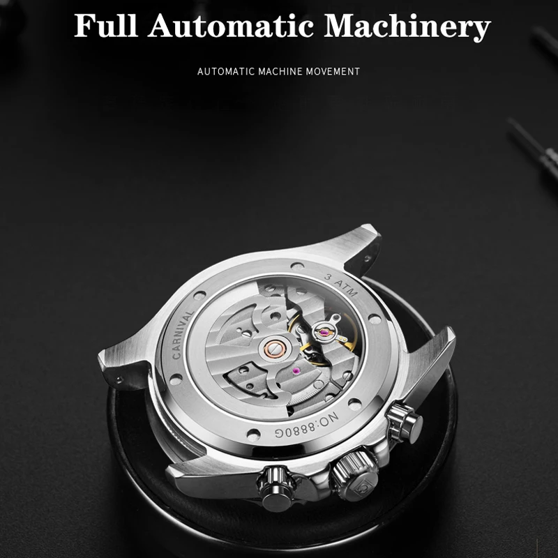 CARNIVAL Tourbillon Mechanical Mens Watch Automatic Self-Wind Luxury Fashion Sport Steel Calendar Luminous Male Watches Relogio