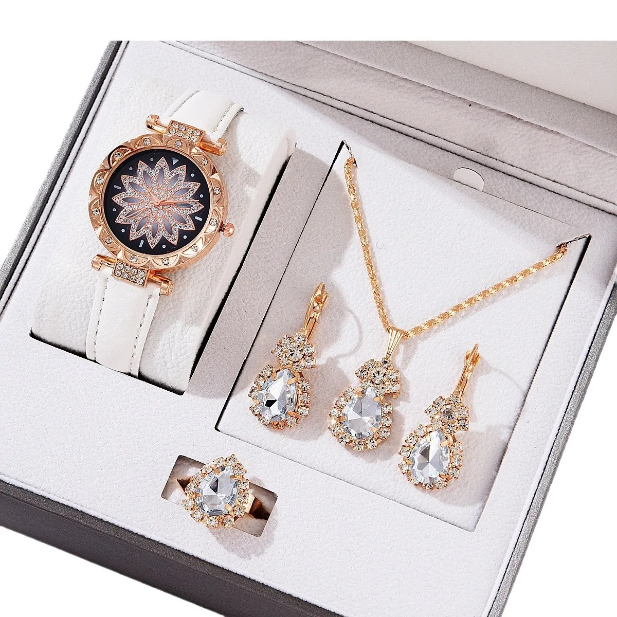 Exquisito conjunto de regalo creativo con temperamento para mujer, accesorios de reloj con incrustaciones de diamantes, reloj de pulsera sin caja de regalo, 4 piezas por juego