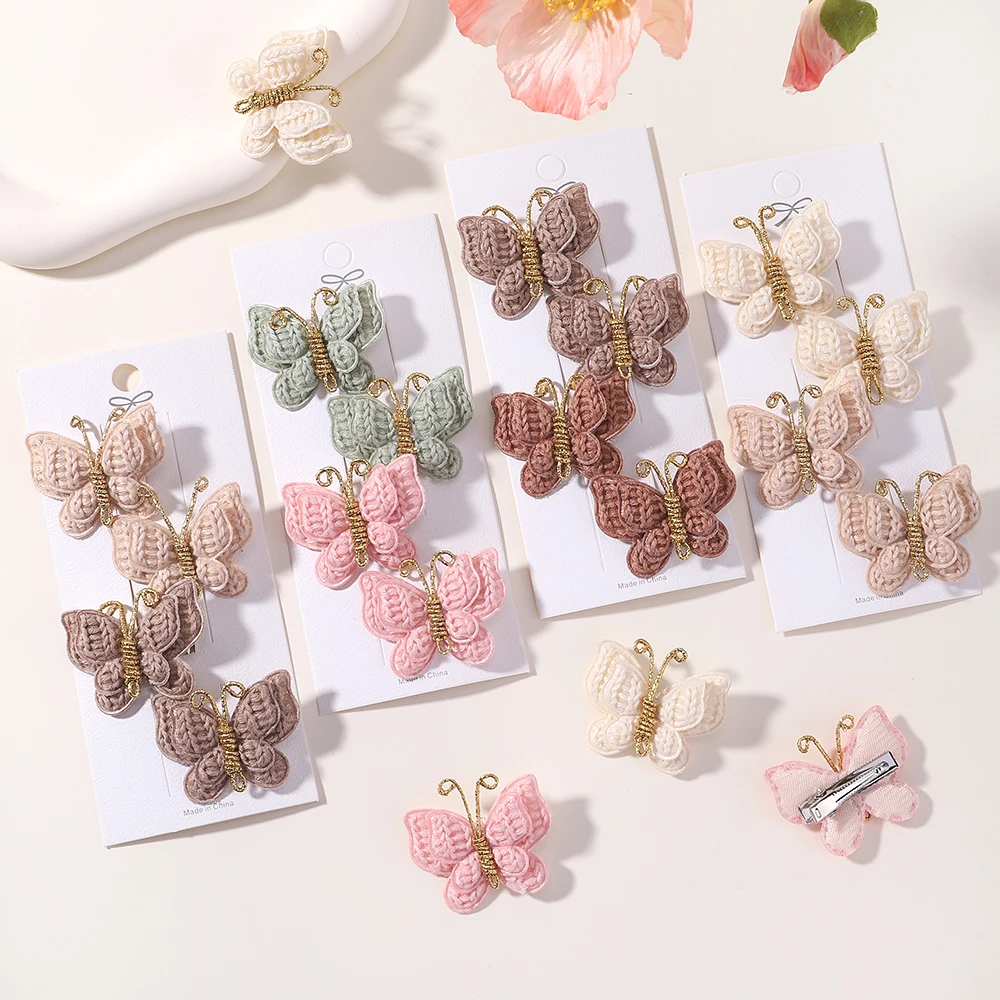 

4pcs/set New Cute Baby Girls Wool Knitting Headwear Handmade Crochet Butterfly Alloy Hairs Clips Children Hairpins Wholesale