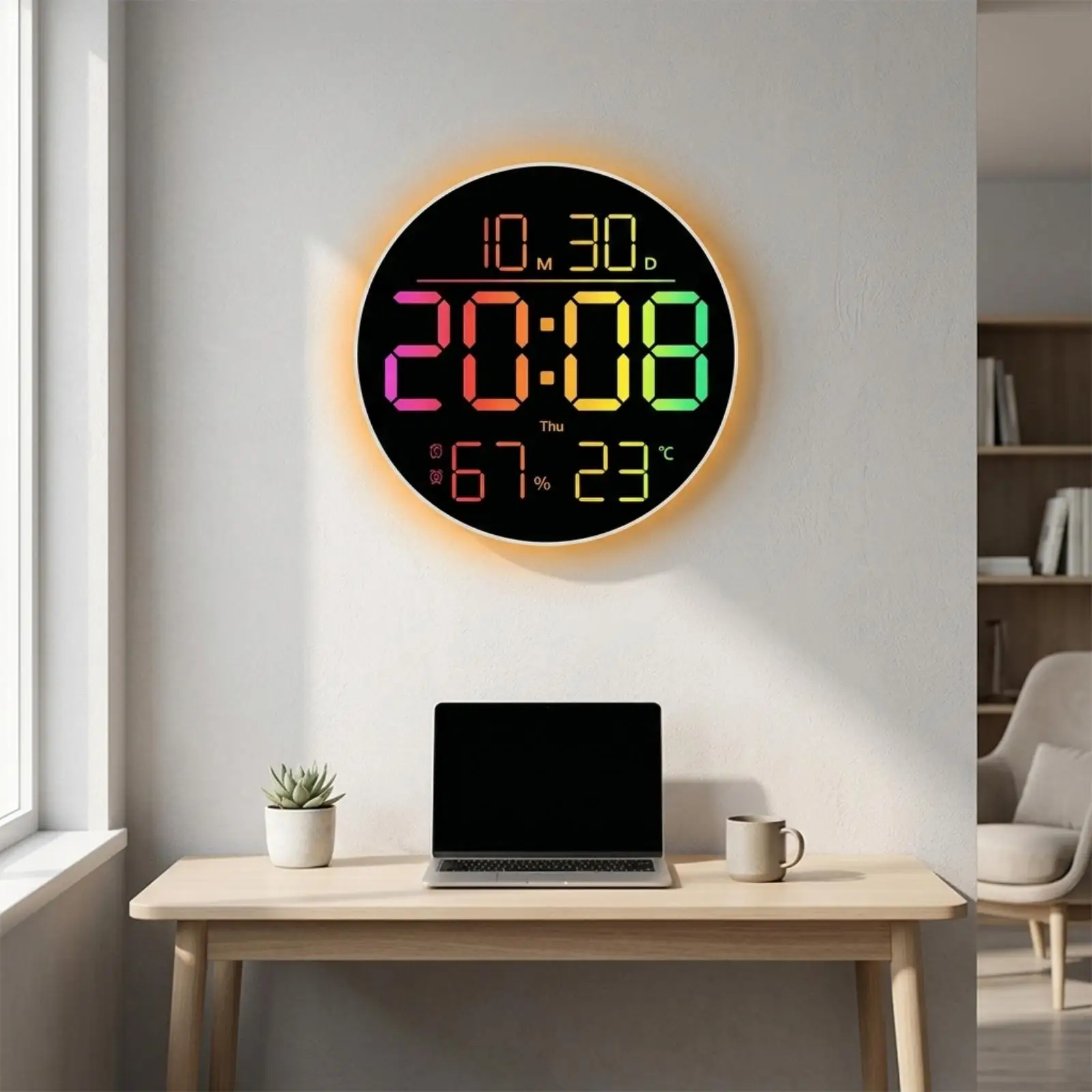 Electronic Wall Clock with Illuminated Perimeter Large Numerals for Living Room Bedroom Office Use