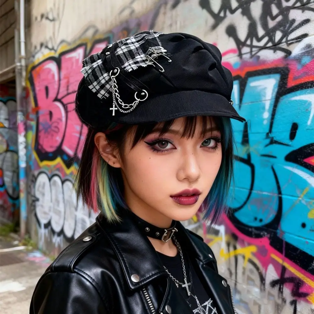 Dark Checkered Harajuku Beret Hat Spice Cross Cool Gothic Lolita Hat Streetwear Accessories Casual Wear Punk Cap Punk Subculture