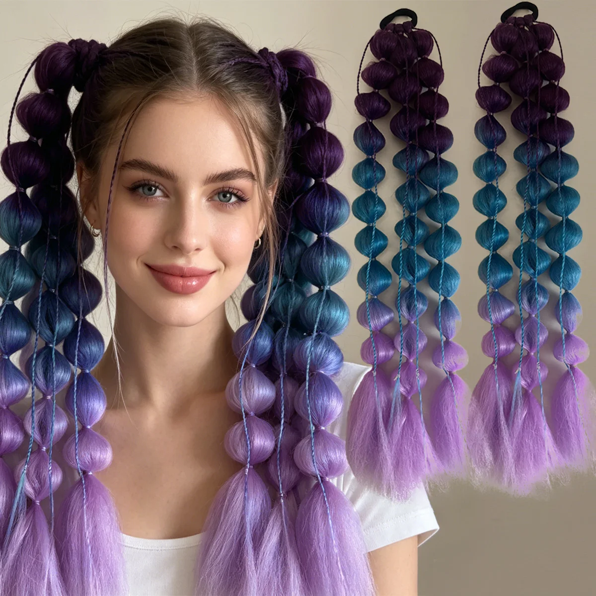 

2PCS synthetic bubble braid long lantern braided ponytail wig with hair tie straight hair piece Jacques fluffy braid