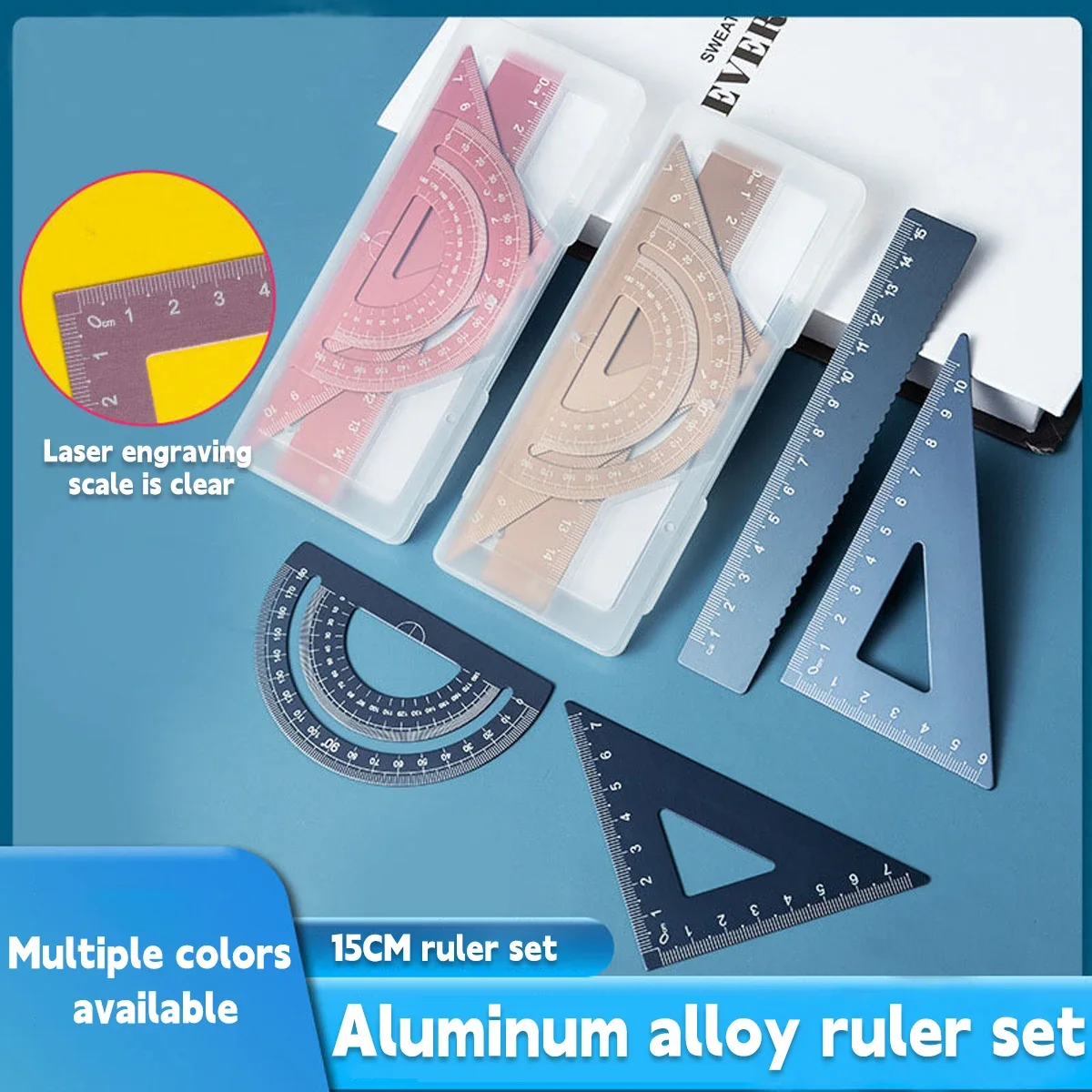 4pcs Metal Drafting Set With Storage Box Students Measure Ruler Set Multi-Function Set School Office Supplies Gift for Student