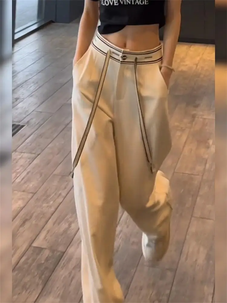 Verão 2025 cintura alta calças de perna larga feminina casual solto encaixe em linha reta até o chão calças casuais versáteis
