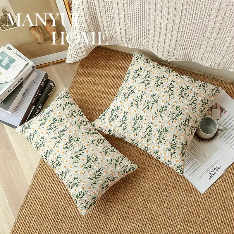 Fresh Embroidered Daisy Pillow Cover Cushion Covers Living Room Sofa Cushion Living Room Bedroom Decoration Pillow Cases