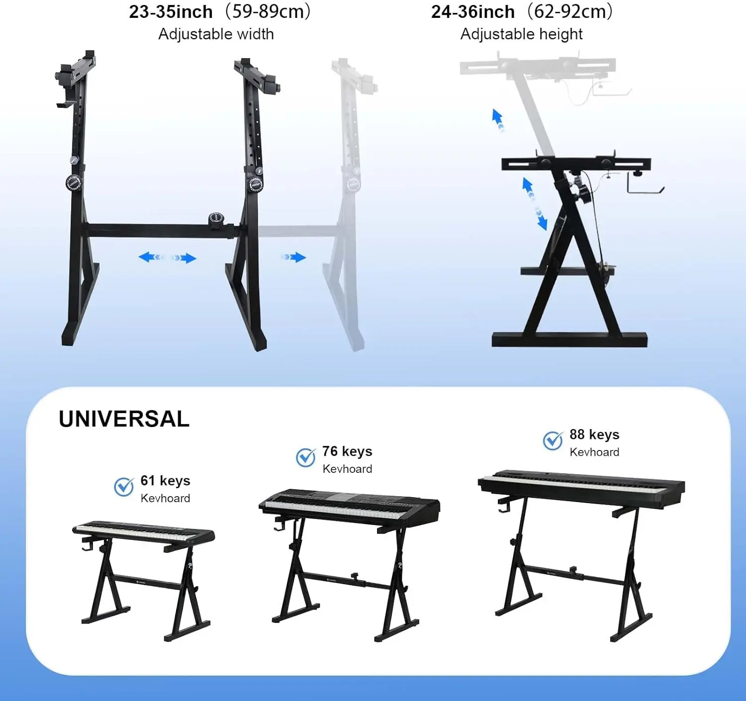 حامل لوحة مفاتيح البيانو، حامل موسيقى محمول قابل للتعديل - تصميم Z قوي معزز يناسب 54 61 88 بيانو كهربائي ومستعمل