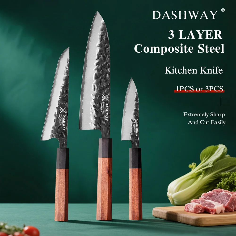 

DASHWAY 1PC-3PCS Professional Kitchen Knives Set Honesuki Utility Paring Fruit Knife Japanese 3-Layer Composite Steel Chef Knife