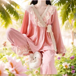 Palace Pajamas Set Sexy Lace Sleepwear for Women, Elastic Cotton Pyjama for Autumn Fashion Homewear Clothes