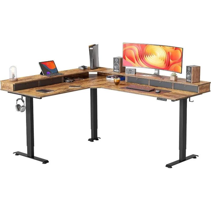 Capacity  Reversible  Standing Gaming Desk Adjustable Height Black Frame/Rustic Brown Top 3-Legs Triple Motors Are Faster