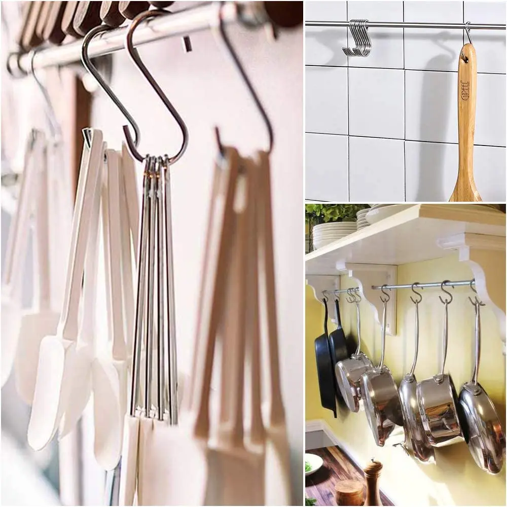 Gancho em forma de S em aço inoxidável para cozinha e quarto, trilho multifuncional, gancho S, suporte de fecho, ferramentas de armazenamento