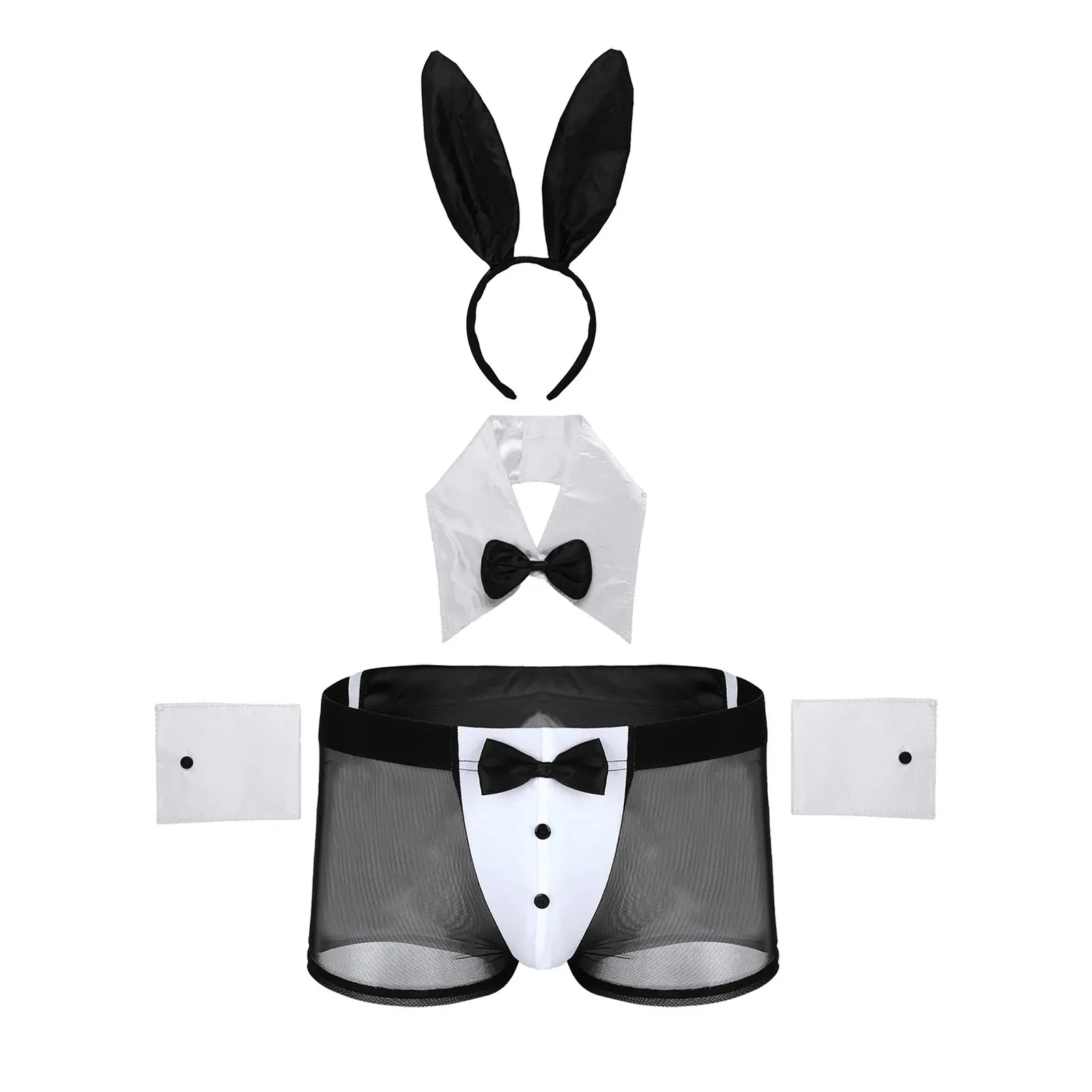 Mens Lingerie Sexy Cosplay Costume Rabbit Ears Boxer Briefs Underwear with Bunny Ears Headband Bowtie Collar and Cuffs Set