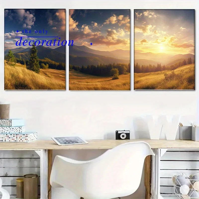 2D Flat,, 3pcs, Stunning Sunrise Canvas Printing 3pcs Set, Wrapped Canvas Frame, Home Decoration Canvas Painting, Exquisite A