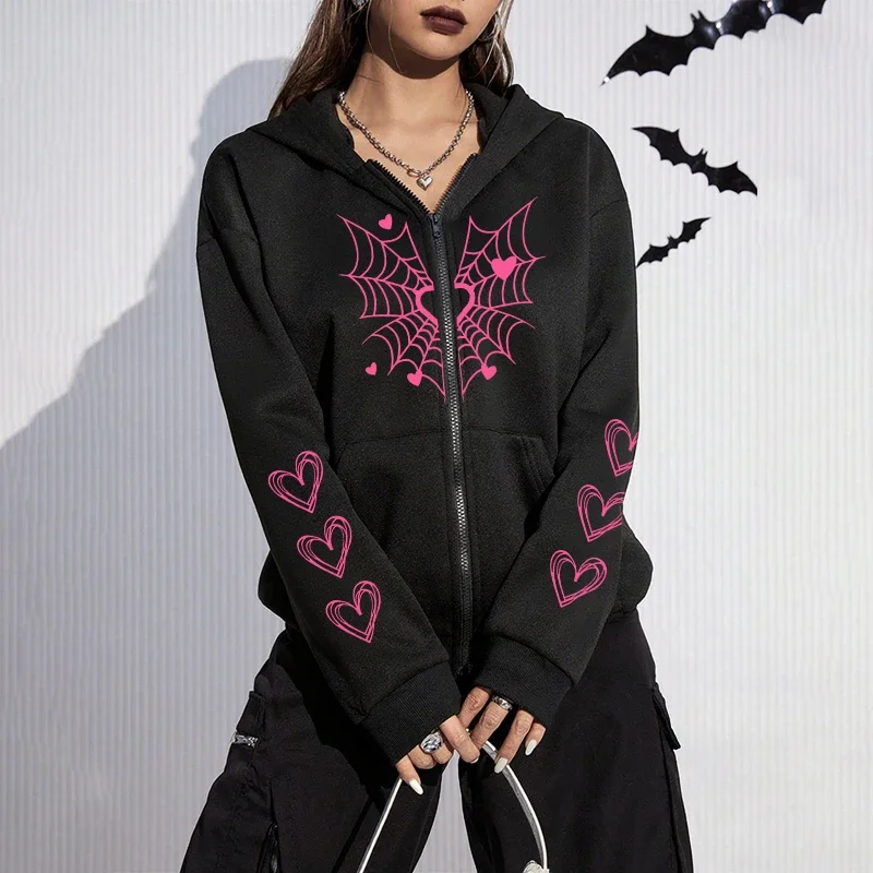 

2025 Hot Sale Women's Hoodie Cute Spider Web Heart Print Zip-up Sweatshirt All Season Female Urban Casual Fashion Hooded Jackets