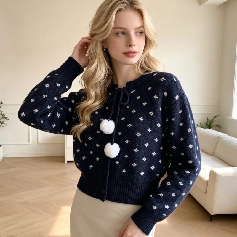 New Elegant Polka Dot Bow Knit Cardigan Sweet Pom Decor Long Sleeve Sweater Autumn Winter Korean Style Loose Sweater Coat