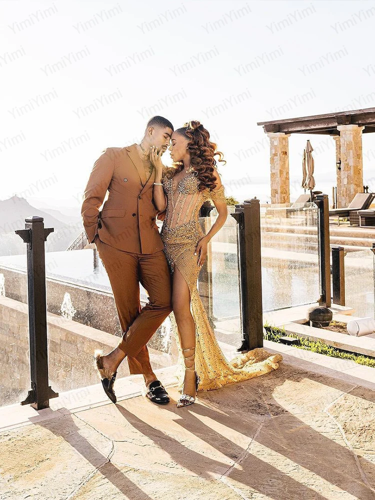 Costumes pour hommes marron 2 pièces revers cranté Double boutonnage robes de soirée costume pour hommes mariage marié bal Blazer personnalisé