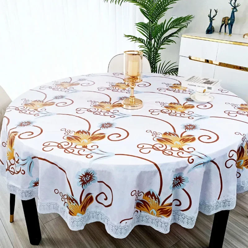Pvc Flower Printed Round Tablecloth with Lace American Country Waterproof Table Cover Anti-Stain Furniture Protector for Party