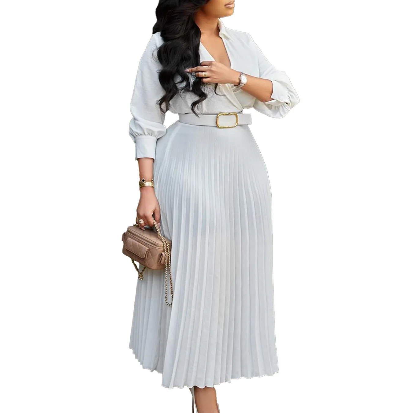 2024 Spring Plus Size Women Clothing Elegant Pleats Long Dress Full Sleeves Turn Down V Neck High Waist Shirt Dresses with Belt