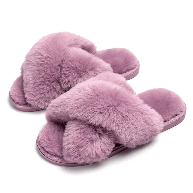 Winter Women Home Indoor Casual Fuzzy Slippers Female Flip Flops Fluffy Shoes Cross Slides Ladies Soft Plush Slippers Female