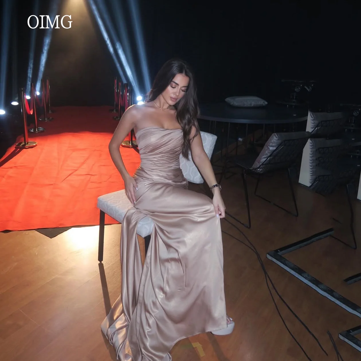 

OIMG Simple Strapless Mermaid Prom Gowns Backless Pleated Party Gown Side Slit Floor Length Evening Dress Customized