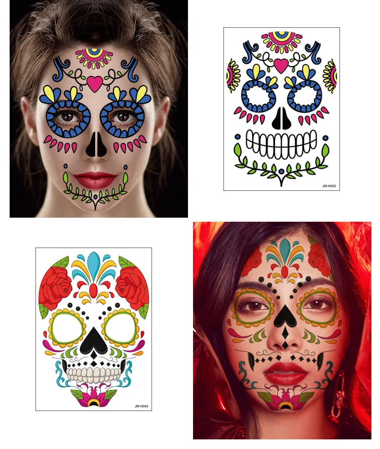 1Sheet Waterproof Sweatproof Day of the Dead Masquerade Spooky Makeup Temporary Stickers Halloween Face Tattoo Stickers