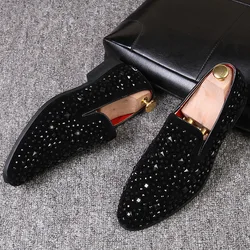 Dress Shoes for Men Luxury Pointed Toe Black Loafers Denim Metal Sequins Shoes Fashion High Quality Men Party Wedding Shoes New