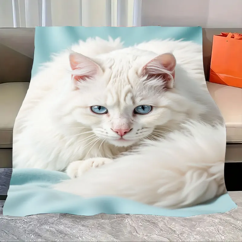 

1pc Flannel Blanket Fluffy White Cat Blanket with Blue Eyes for Cozy Home Decor