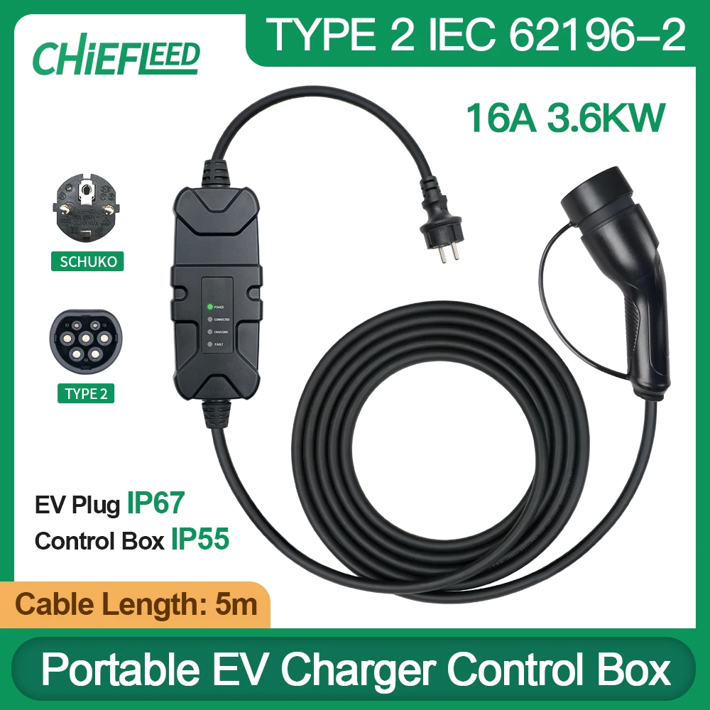 Chiefleed 16A Fixed 3.6KW Type 2 IEC62196-2 EV Charger For EU Cars Charging With Schuko Plug 220V 5m Long IP 67