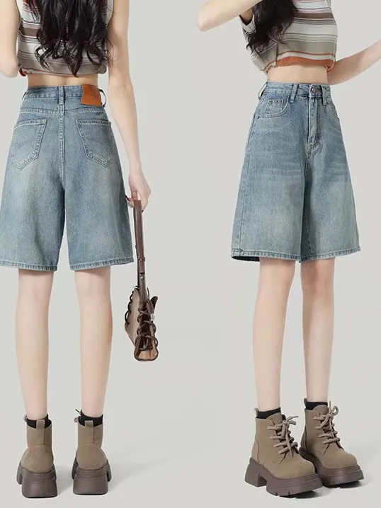 

High Waist Five-Point Denim Shorts Women's Summer 2026 New Loose Small Size Outdoor Wear 5-Point Mid-Pants La Chapelle