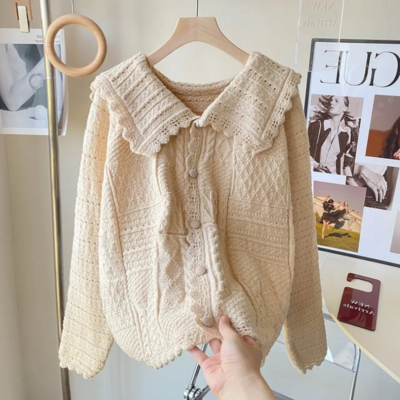 Turn-Down Collar Cardigan Women Knitted Top Solid Coat Loose Jacket Long Sleeved Knitted Cardigan Sweater Autumn Winter