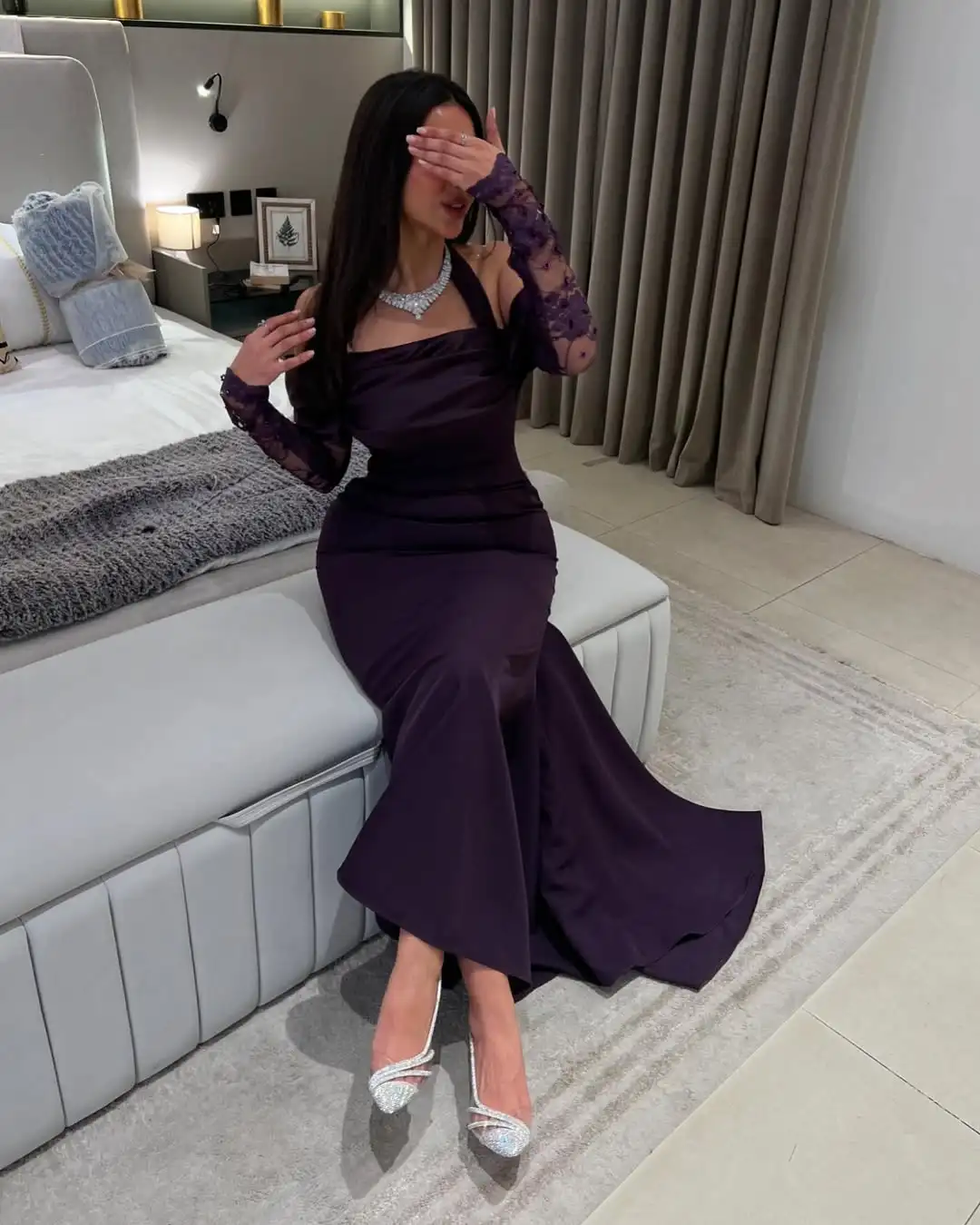 

Customized Mermaid Halter Neck Evening Dresses Long Sleeves Pleated Lace Ankle Length Prom Dresses Party Dresses