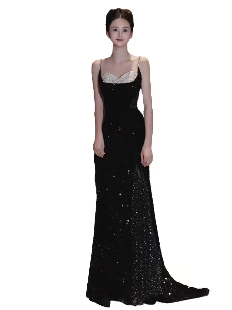 

Вечернее платье с блестками и ремешком Bla для дня рождения, для невесты, с длинным хвостом, свадебное платье, модное, со средней талией, длиной до пола