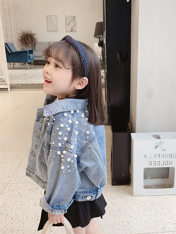 

Pearls Beading Denim Jacket For Girls Fashion Coats Children Clothing Autumn Baby Girls Clothes Outerwear Jean Jackets Coat