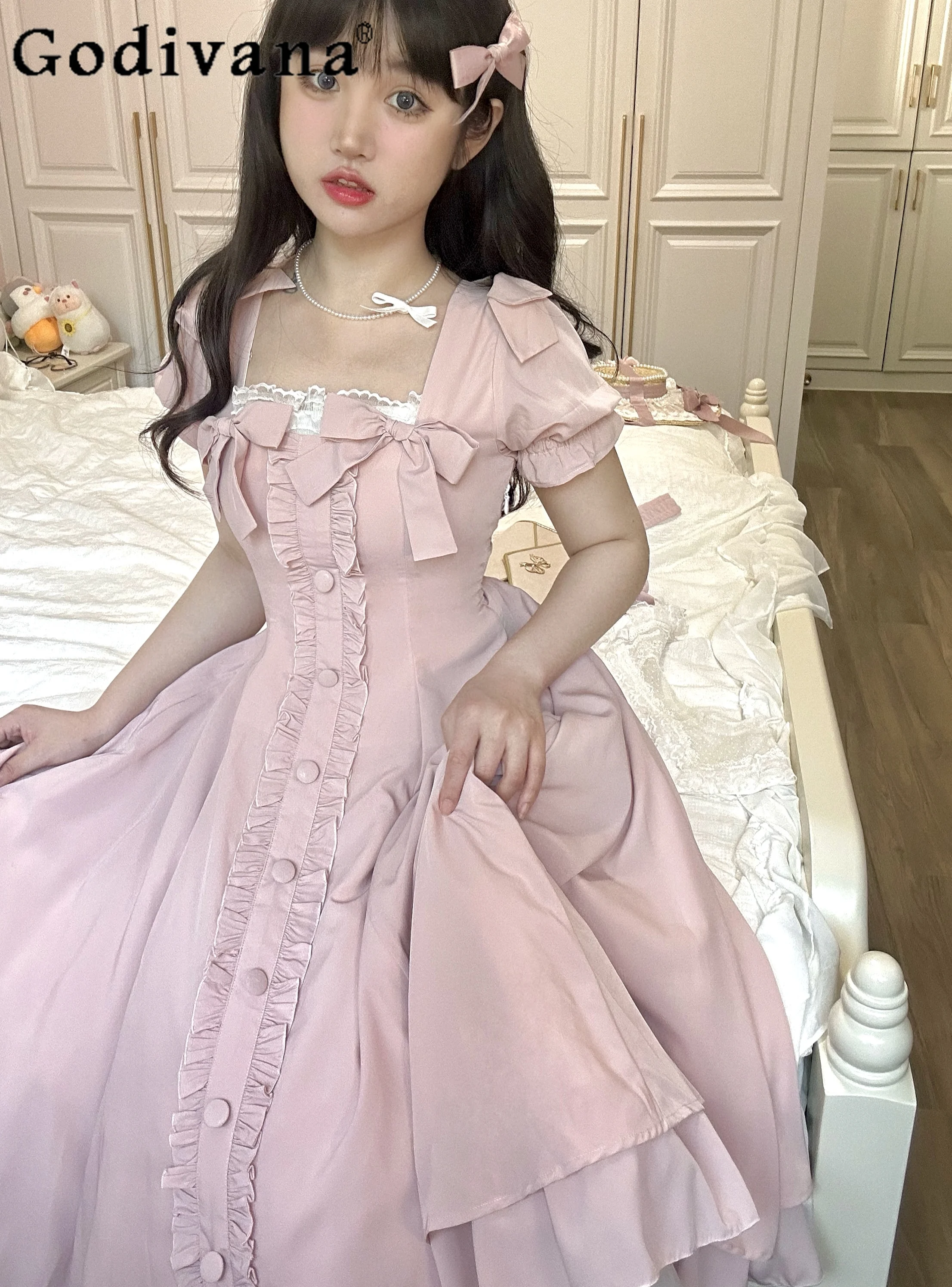 

Vintage Elegant Lady French Lolita Short Sleeve OP Dress Slimming Round Neck Puff Sleeve Sweet Cute Versatile Long Dress
