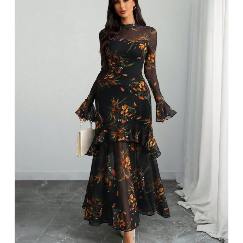 فساتين ماكسي نسائية عتيقة بطبعة زهور لربيع الخريف وأكمام طويلة شفافة وحاشية مكشكشة فستان أنيق للحفلات المسائية