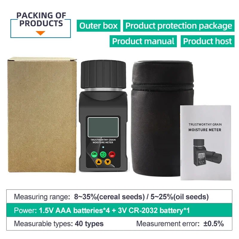 2026 Hot Portable Thermo-Hygrometer Moisture LCD Measures 40 Kinds Grains Including Cocoa Beans Radish Seeds Cashew Nuts Millet
