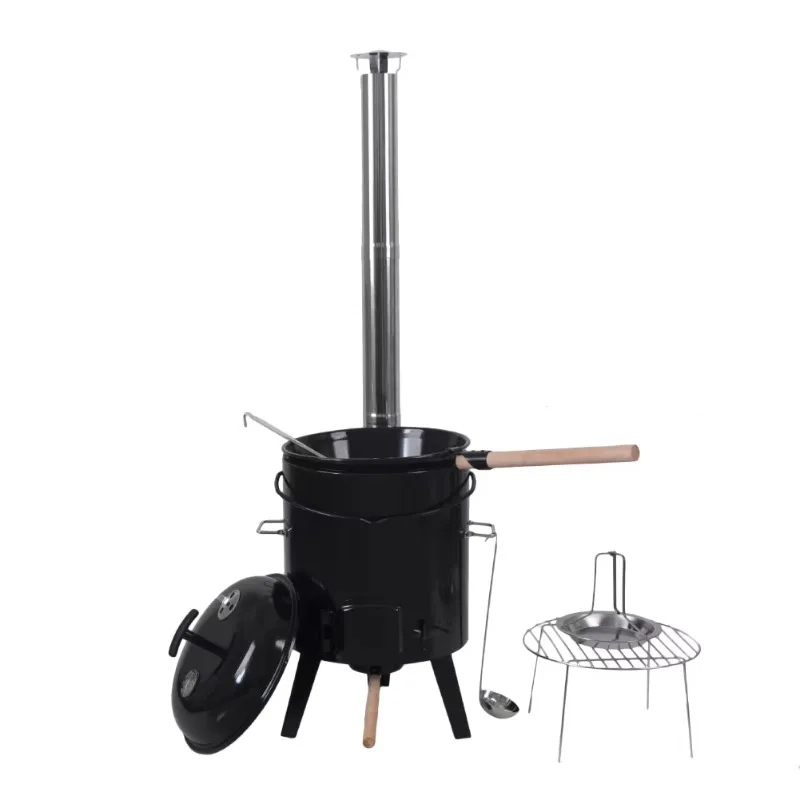 

Enamel Steel Boiler with BBQ Outdoor Kitchen Soup Boiler Saucepan Rack, Covered Camp Oven