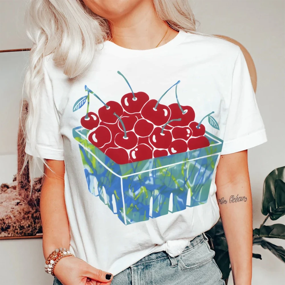 Camiseta gráfica cereja cesta camiseta premium algodão de alta qualidade oversize colorido camiseta vermelho cerejas impressão fresco estilo y2k