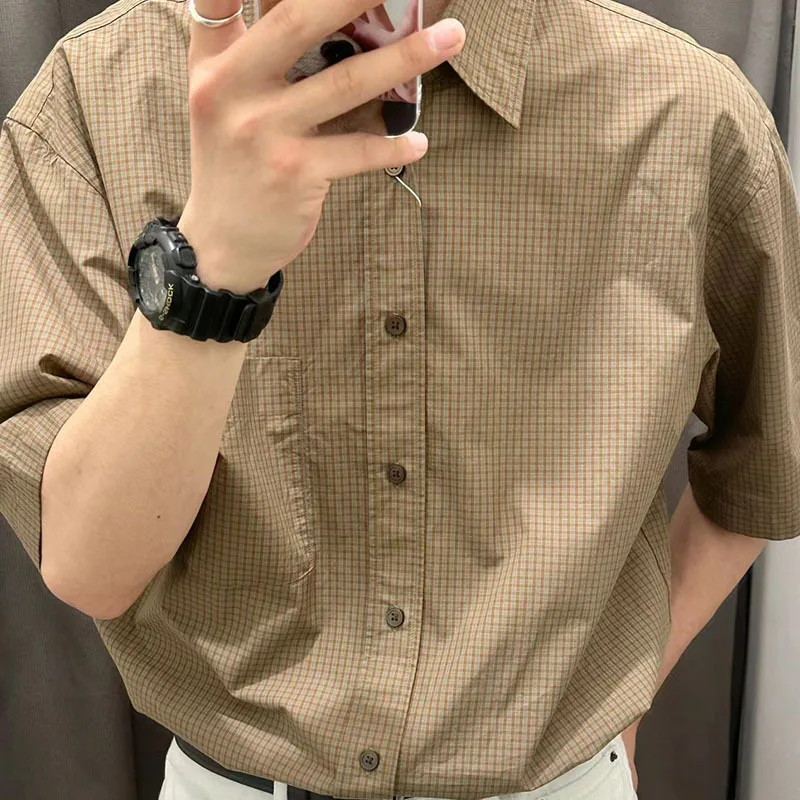 

Japanese Men's Loose Solid Color Grid Texture Shirt Half Sleeves Ice Feeling Single Breasted Casual Shirt Daily Minimalist