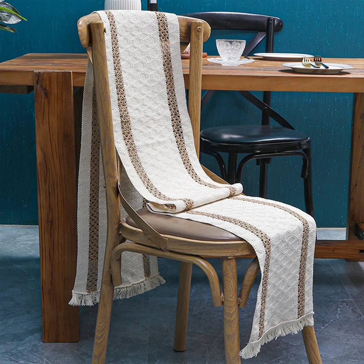 *A91P Table Runner for Summer Home Decor,70.8 Inches Farmhouse Macrame Table Runner Cotton Linen Woven Table Runners