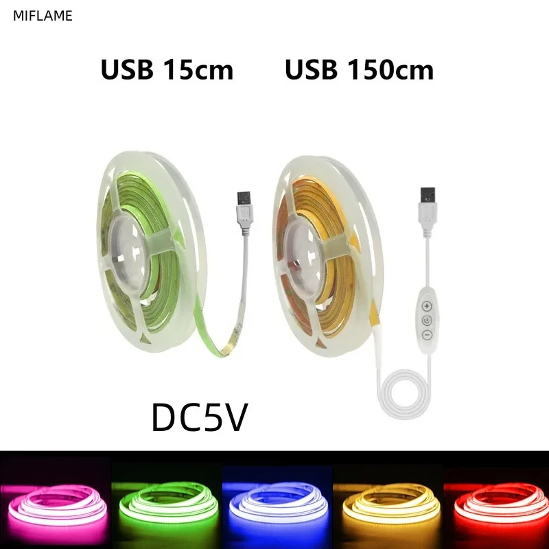 DC 5V USB COB LED Strip Lights for Smart TV Backlight Computer PC Car Decor 480LEDs Red Green White LED Tape Ribbon Dimmable